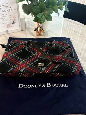 Dooney & Bourke Victoria Black and Red Tartan Plaid Tote Bag with Gold Plaque